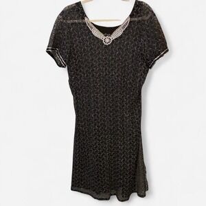 Black illusion see through dress w/ silver lace pattern & thigh slit